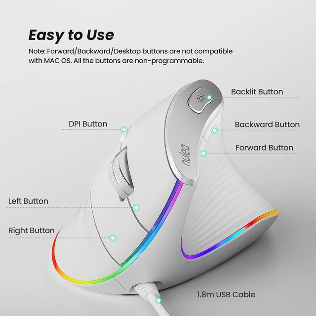 Alt view image 4 of 7 - Nulea M504 Wired Vertical Mouse, USB Ergonomic Optical Mouse with 4 Adjustable DPI, 11 RGB Backlight Modes, Compatible for Laptop, PC, Desktop, Mac, White