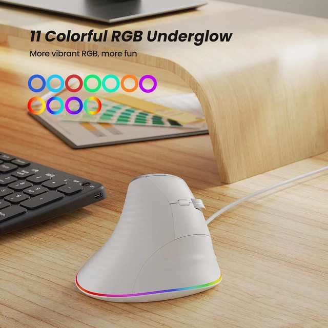 Alt view image 7 of 7 - Nulea M504 Wired Vertical Mouse, USB Ergonomic Optical Mouse with 4 Adjustable DPI, 11 RGB Backlight Modes, Compatible for Laptop, PC, Desktop, Mac, White
