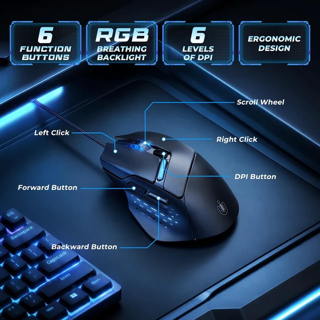 Alt view image 3 of 7 - Uineer Wired Mouse, RGB Lighting,Adjustable DPI & 6 Programmable Buttons