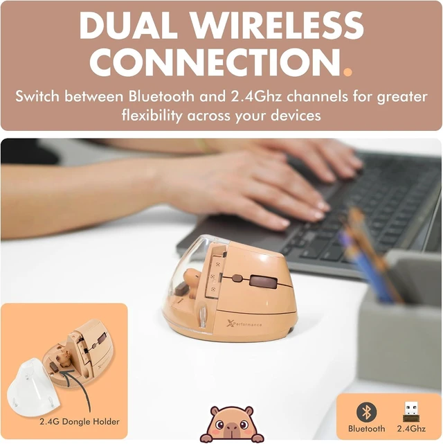 Alt view image 4 of 7 - X9 Performance Wireless Vertical Ergonomic Mouse - Click with Capybara - (BT + 2.4G) Up to 4000 DPI, 6 Button, Rechargeable - Bluetooth Ergonomic Vertical Mouse Wireless - for Mac and PC - Brown