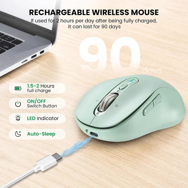 Alt view image 4 of 7 - INFINMIND Wireless Bluetooth Mouse for Laptop,USB+BT×2,Quiet Ergo Computer Mouses,Metal 4-Way Super Scrolling,± 3200 DPI,Rechargeable,9 Buttons,Multi Device Cordless Mice for iPad,Tablet,Mac,PC(Green)