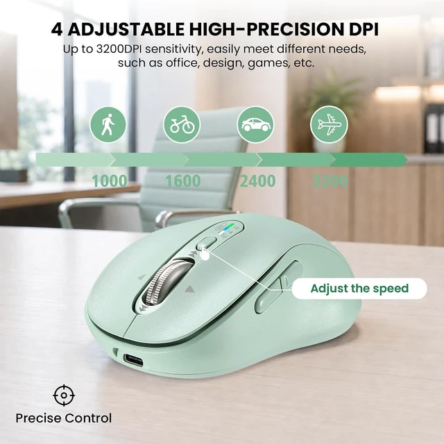 Alt view image 5 of 7 - INFINMIND Wireless Bluetooth Mouse for Laptop,USB+BT×2,Quiet Ergo Computer Mouses,Metal 4-Way Super Scrolling,± 3200 DPI,Rechargeable,9 Buttons,Multi Device Cordless Mice for iPad,Tablet,Mac,PC(Green)