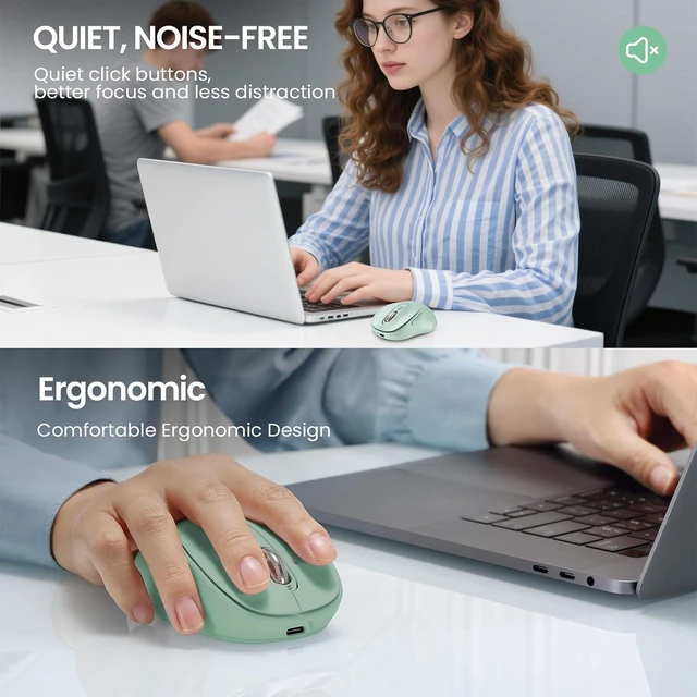 Alt view image 7 of 7 - INFINMIND Wireless Bluetooth Mouse for Laptop,USB+BT×2,Quiet Ergo Computer Mouses,Metal 4-Way Super Scrolling,± 3200 DPI,Rechargeable,9 Buttons,Multi Device Cordless Mice for iPad,Tablet,Mac,PC(Green)