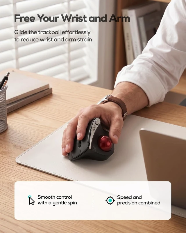 Alt view image 4 of 7 - Nulea M506 Wireless Trackball Mouse, 54° Vertical Ergonomic Thumb Control