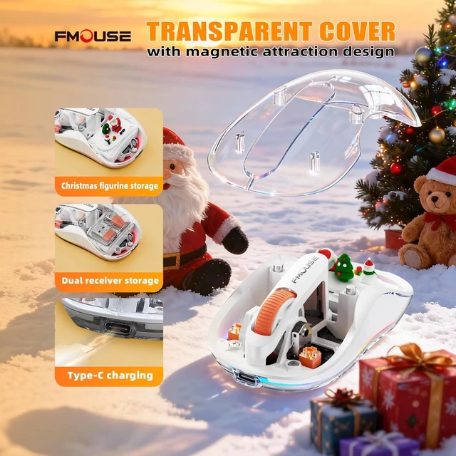Alt view image 2 of 7 - FMOUSE Transparent Wireless Mouse, Tri-Mode Bluetooth & 2.4GHz, White