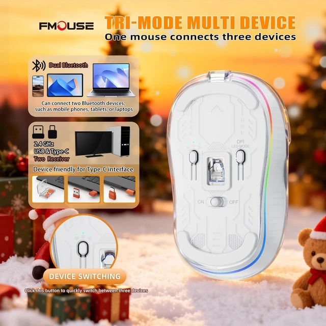 Alt view image 3 of 7 - FMOUSE Transparent Wireless Mouse, Tri-Mode Bluetooth & 2.4GHz, White