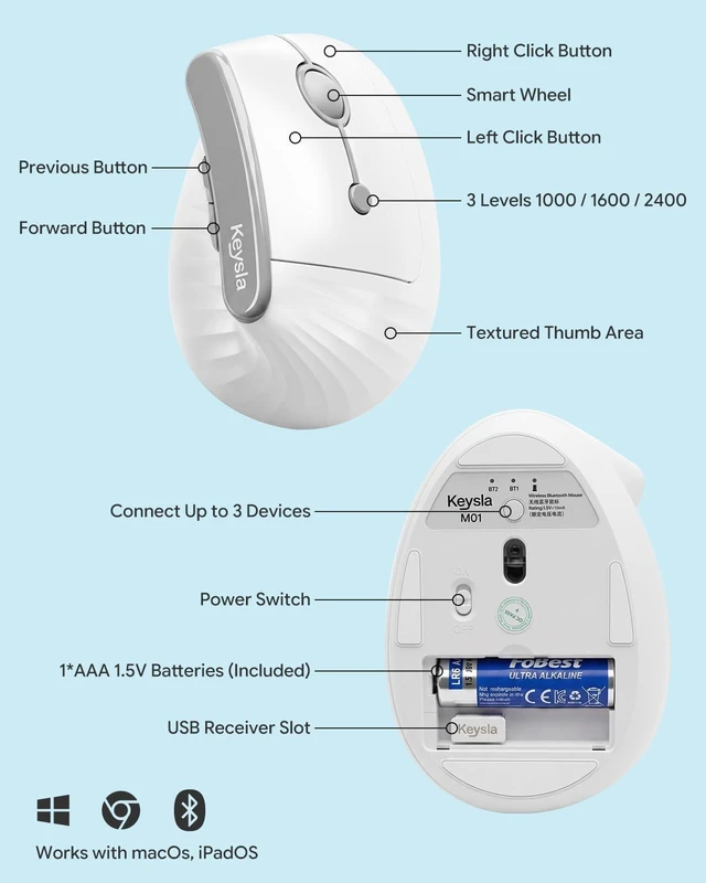 Alt view image 6 of 7 - Ergonomic Mouse, Wireless Vertical Mouse, Medium/Large Hands, White