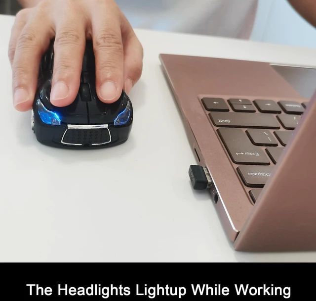 Alt view image 2 of 7 - Car Mouse for Computer, Wireless Car Shaped Mice for Laptop, PC, Mini Cute Mouse with 2.4Ghz USB Receiver, 3D, 1600DPI, Silent Clicks, LED Headlights (Black)