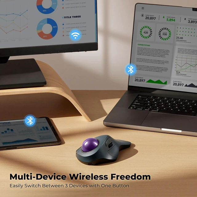 Alt view image 3 of 7 - Wireless Ergonomic Trackball Mouse, Large Hands, 44mm Index Finger Control