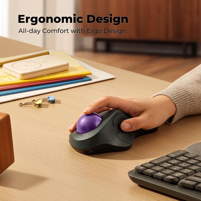 Alt view image 2 of 7 - Wireless Ergonomic Trackball Mouse, Large Hands, 44mm Index Finger Control