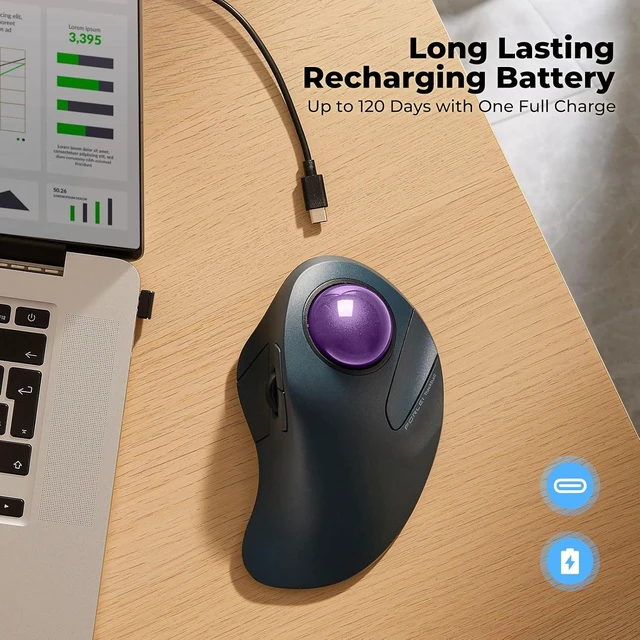 Alt view image 4 of 7 - Wireless Ergonomic Trackball Mouse, Large Hands, 44mm Index Finger Control