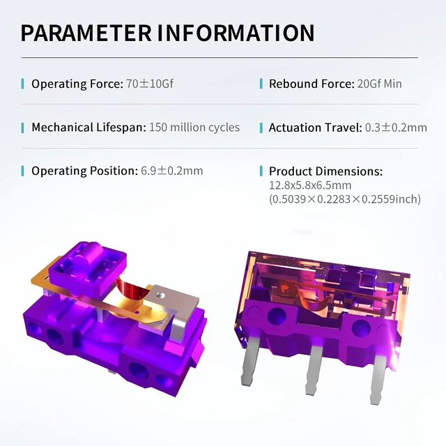 Alt view image 2 of 7 - KAILONG MFD70-X 150M Mouse Micro Switch (4Pcs, Purple-Gold), 0.74N, 150 Million Clicks for Gaming Mouse
