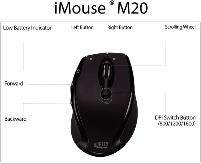 Alt view image 7 of 7 - Adesso iMouse M20B 2.4 Ghz Wireless Optical Computer Mouse with USB Nano Receiver, Black