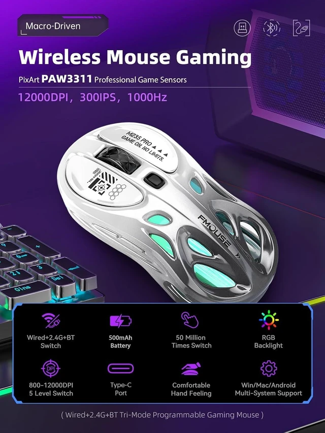 Alt view image 2 of 7 - FMOUSE Wireless Gaming Mouse, Tri-Mode 2.4G & Bluetooth & Wired, White-Gray