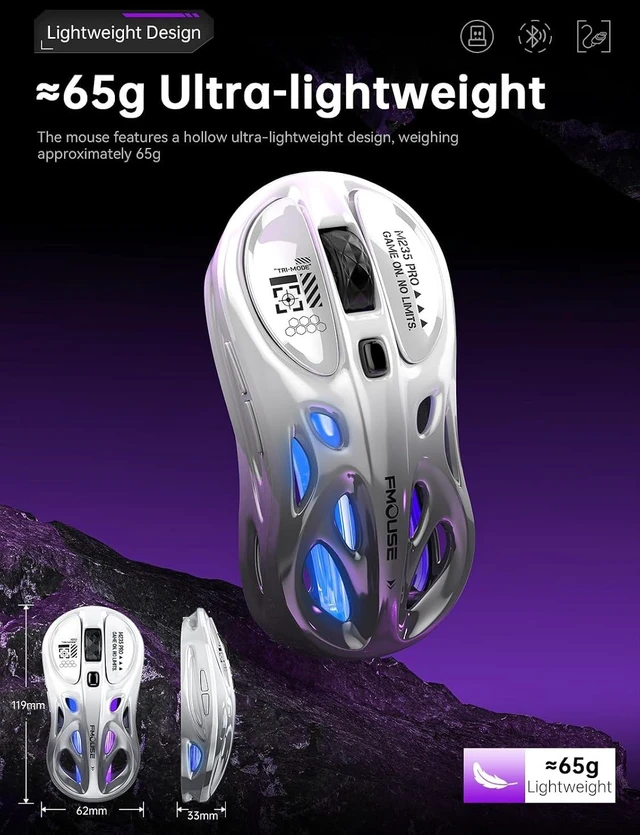 Alt view image 5 of 7 - FMOUSE Wireless Gaming Mouse, Tri-Mode 2.4G & Bluetooth & Wired, White-Gray