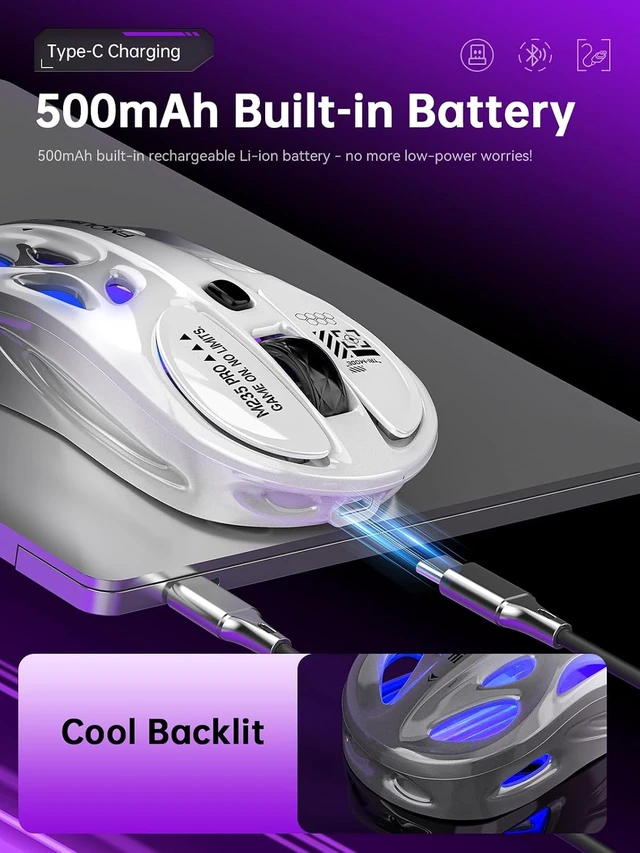 Alt view image 6 of 7 - FMOUSE Wireless Gaming Mouse, Tri-Mode 2.4G & Bluetooth & Wired, White-Gray