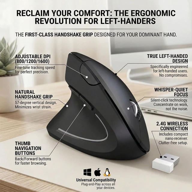 Alt view image 2 of 7 - Left Handed Mouse,Left Handed Ergonomic Mouse, 2.4G USB Wireless Left Handed Vertical Mouse, Adjustable DPI(800/1200/1600),6 Buttons for PC,Mac,Laptop,Windows,Desktop Black