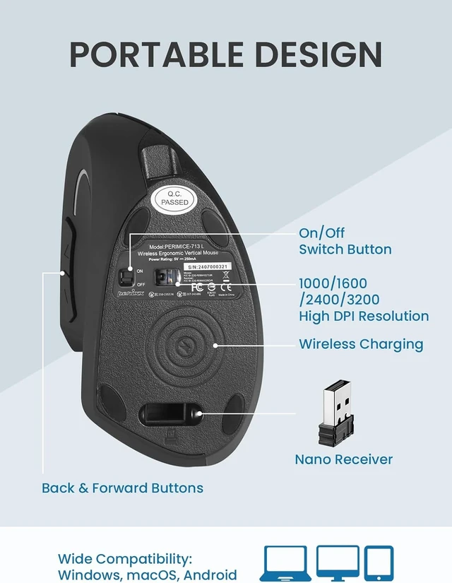 Alt view image 6 of 7 - Perixx PERIMICE-713LR - Cordless Rechargeable Vertical Mouse - Duo Wired and Wireless Charging Feature - 6 Buttons Design - Black - Left Handed