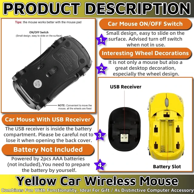 Alt view image 3 of 6 - Yellow Wireless MouseCar Mouse 1600DPI 2.4G with USB Reciver for Computer Wireless Computer Mouse Wireless Cute Wireless Mouse for Mac OS Windows for Laptop TabletYellow