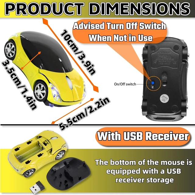 Alt view image 4 of 6 - Yellow Wireless MouseCar Mouse 1600DPI 2.4G with USB Reciver for Computer Wireless Computer Mouse Wireless Cute Wireless Mouse for Mac OS Windows for Laptop TabletYellow