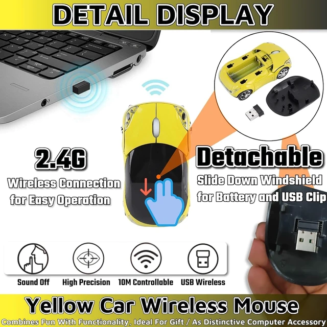 Alt view image 5 of 6 - Yellow Wireless MouseCar Mouse 1600DPI 2.4G with USB Reciver for Computer Wireless Computer Mouse Wireless Cute Wireless Mouse for Mac OS Windows for Laptop TabletYellow