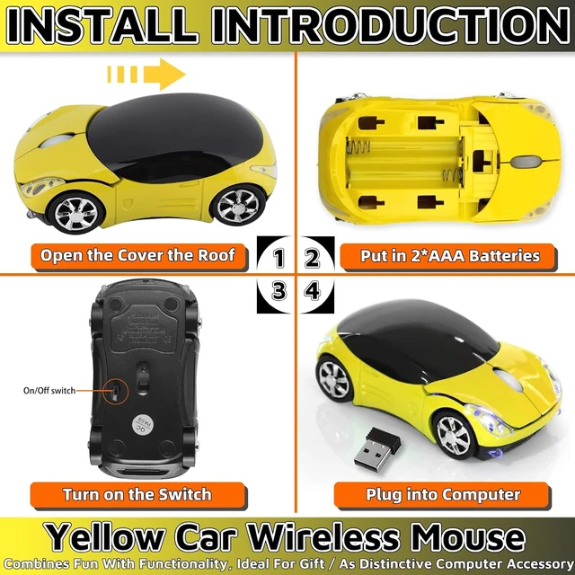 Alt view image 6 of 6 - Yellow Wireless MouseCar Mouse 1600DPI 2.4G with USB Reciver for Computer Wireless Computer Mouse Wireless Cute Wireless Mouse for Mac OS Windows for Laptop TabletYellow