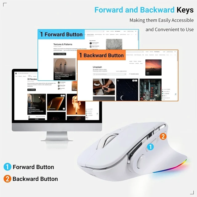 Alt view image 6 of 7 - Ergonomic Mouse Jiggler,Bluetooth Vertical Wireless Mouse,LED Rechargeable Optical Computer Mice, Portable(BT5.2 or USB 2.4GHz) Dual Mode,1000/1600/2400 DPI,8 Buttons for Laptop,PC,Macbook (white)