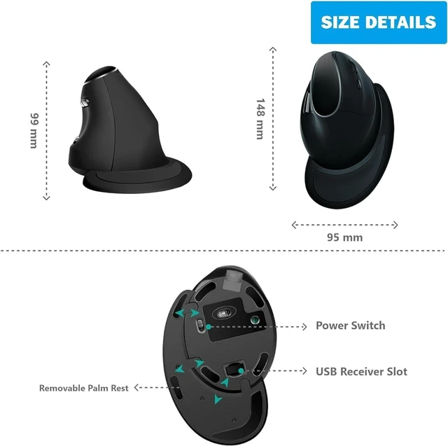 Alt view image 6 of 7 - Ergonomic Vertical Mouse: 2.4G Bluetooth Dual Mode Optical Computer Mice,Wireless Rechargeable Mouse with Removable Palm Rest,Compatible with Windows and MAC OS (V638 Dual Mode)