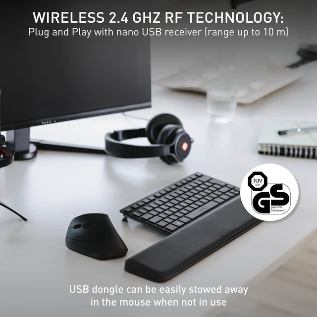 Alt view image 7 of 7 - Cherry MW 4500 - Ergonomic Wireless Mouse - Left-Handed - 1200 dpi - Thumb Buttons - Extra Small Nano Receiver, Black (JW-4550)