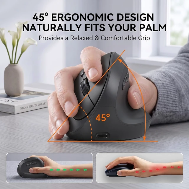 Alt view image 2 of 7 - Ergonomic Vertical Mouse with Silent Clicks, Bluetooth 5.2/5.0 & 2.4G, Rechargeable Type-C Built-in Battery with Power Display, 6 Levels 8000 DPI Adjustable, Lightweight Mice for Laptop, Mac, Windows