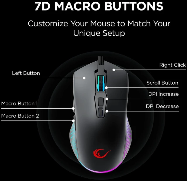 Alt view image 4 of 7 - Rampage Spear V2 Black Wired Gaming Mouse with RGB Lighting 12800 DPI, 7 Programmable Buttons, Lightweight Ergonomic Gaming Mouse for PC/Mac/Laptop Gamers