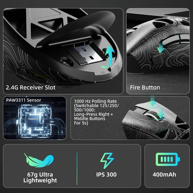 Alt view image 5 of 7 - Aula SC620 Wireless Gaming Mouse, Tri-Mode 2.4GHz/USB-C/BT5.3 Computer Mouse with 12000 DPI, Programmable Macro Gamer Mouse with Rapid Fire Key, RGB Light Gaming Mice for PC/Laptop/Mac
