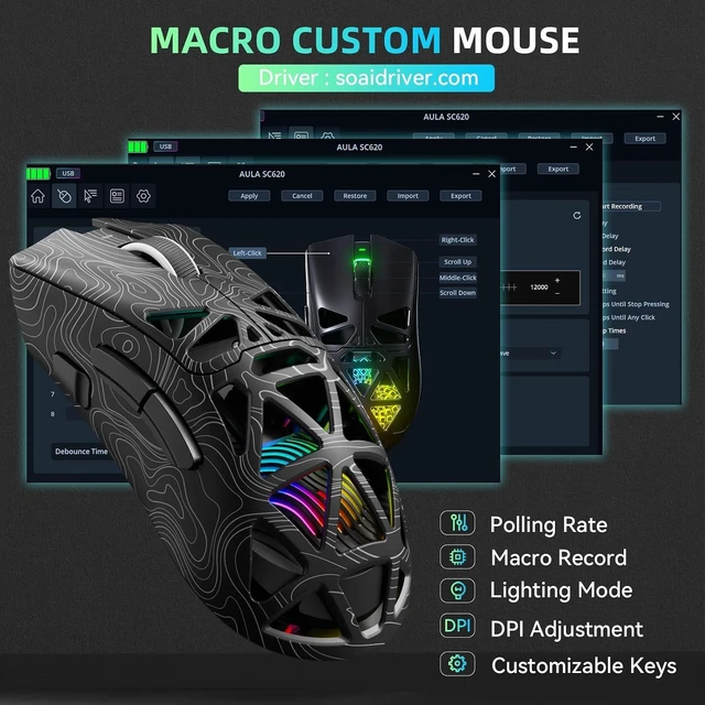 Alt view image 6 of 7 - Aula SC620 Wireless Gaming Mouse, Tri-Mode 2.4GHz/USB-C/BT5.3 Computer Mouse with 12000 DPI, Programmable Macro Gamer Mouse with Rapid Fire Key, RGB Light Gaming Mice for PC/Laptop/Mac