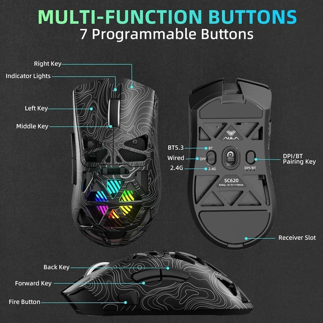 Alt view image 7 of 7 - Aula SC620 Wireless Gaming Mouse, Tri-Mode 2.4GHz/USB-C/BT5.3 Computer Mouse with 12000 DPI, Programmable Macro Gamer Mouse with Rapid Fire Key, RGB Light Gaming Mice for PC/Laptop/Mac