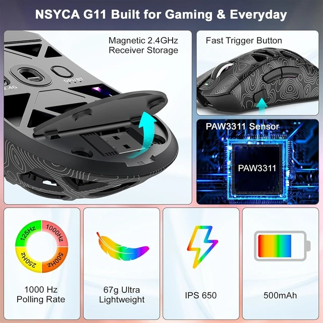 Alt view image 6 of 7 - G11 Lightweight Wireless Gaming Mouse for FPS & Competitive Gaming, Tri-Mode Bluetooth 5.1/2.4GHz/USB-C, 22000 DPI RGB Mouse with Programmable Buttons for PC, Laptop & Mac