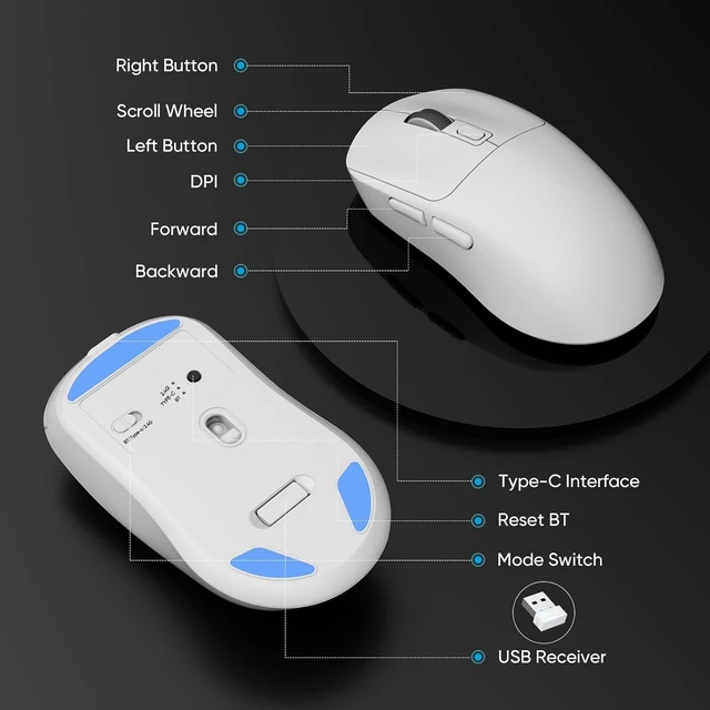 Alt view image 6 of 7 - MELOGAGA Wireless Gaming Mouse, 3-Mode Bluetooth/2.4G/USB-C, 8 DPI -White