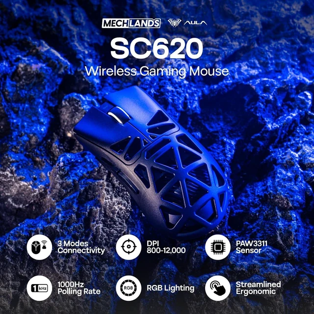 Alt view image 2 of 7 - MechLands Aula SC620 Gaming Mouse, 2.4G/USB-C/BT Wireless Mouse with 400mAh Battery, Adjustable 12,000 DPI & 1000 Polling Rate, PAW3311 Sensor, RGB Lighting, Programmable Buttons, for Win/Mac (Black)