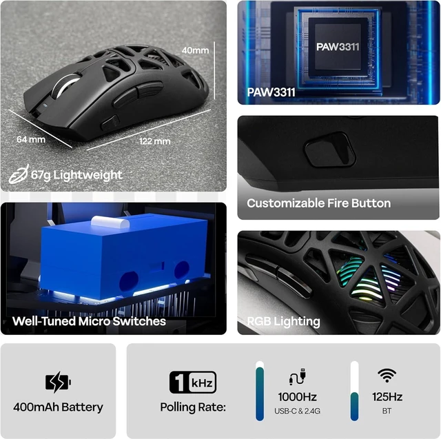 Alt view image 3 of 7 - MechLands Aula SC620 Gaming Mouse, 2.4G/USB-C/BT Wireless Mouse with 400mAh Battery, Adjustable 12,000 DPI & 1000 Polling Rate, PAW3311 Sensor, RGB Lighting, Programmable Buttons, for Win/Mac (Black)