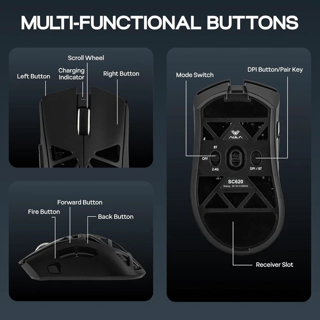 Alt view image 7 of 7 - MechLands Aula SC620 Gaming Mouse, 2.4G/USB-C/BT Wireless Mouse with 400mAh Battery, Adjustable 12,000 DPI & 1000 Polling Rate, PAW3311 Sensor, RGB Lighting, Programmable Buttons, for Win/Mac (Black)