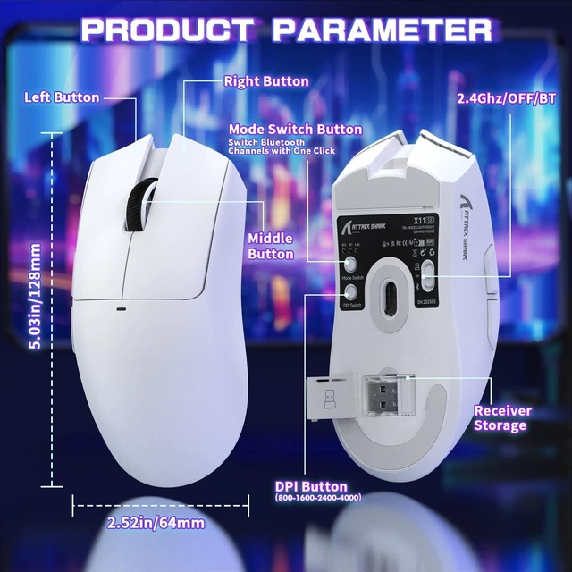 Alt view image 6 of 7 - ATTACK SHARK X11 SE Ultra-Light Wireless Gaming Mouse, White