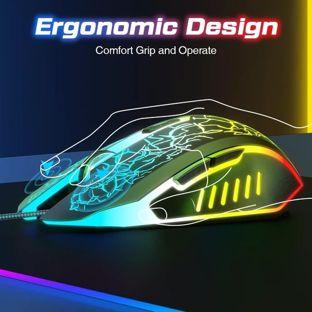 Alt view image 3 of 7 - VersionTECH. Wired Gaming Mouse, Computer Mouse Ergonomic Mice with 7 LED Lights RGB Backlit, 6 Programmable Buttons, 4 Adjustable DPI for Laptop PC Gamer Desktop Chromebook Mac Games-Black