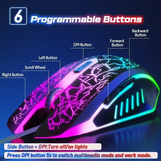 Alt view image 5 of 7 - VersionTECH. Wired Gaming Mouse, Computer Mouse Ergonomic Mice with 7 LED Lights RGB Backlit, 6 Programmable Buttons, 4 Adjustable DPI for Laptop PC Gamer Desktop Chromebook Mac Games-Black