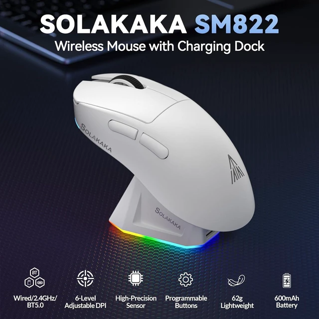 Alt view image 2 of 7 - SOLAKAKA SM822 Wireless Gaming Mouse with Charging Dock, Tri-Mode Wireless Mouse, PAW3311 Optical Sensor, Up to 24,000DPI, 62g Lightweight Mouse with 5 programmable Buttons, for PC, Laptop (White)