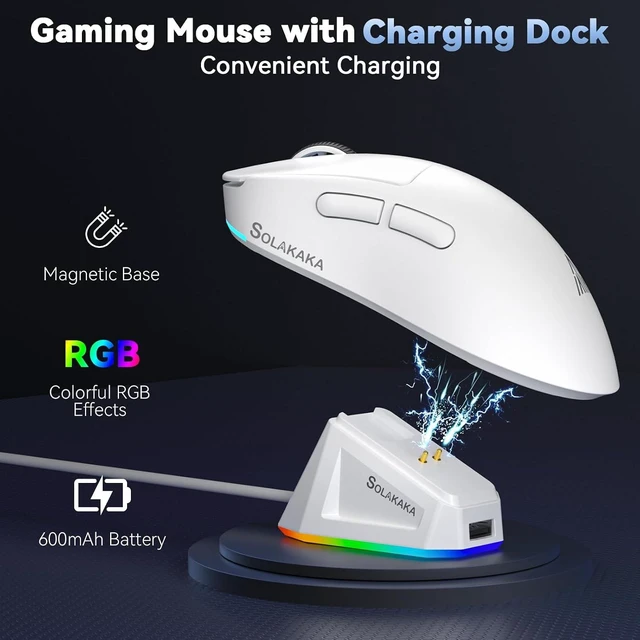 Alt view image 4 of 7 - SOLAKAKA SM822 Wireless Gaming Mouse with Charging Dock, Tri-Mode Wireless Mouse, PAW3311 Optical Sensor, Up to 24,000DPI, 62g Lightweight Mouse with 5 programmable Buttons, for PC, Laptop (White)