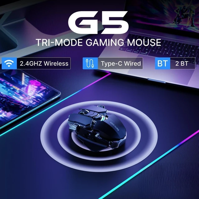 Alt view image 3 of 7 - Wireless Gaming Mouse with RGB Backlit, Tri-Mode, Rechargeable 12800 DPI