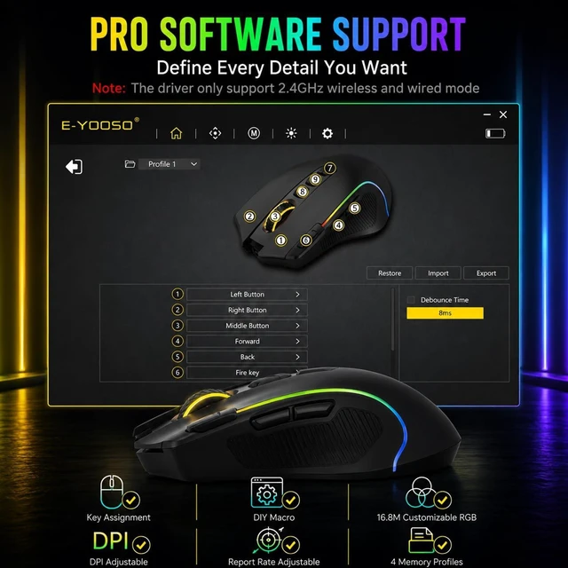 Alt view image 5 of 7 - E-YOOSO Wireless Gaming Mouse, Tri-Mode Bluetooth, Ergonomic, 8000 DPI