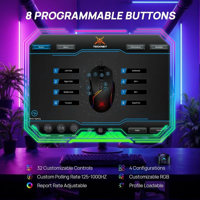 Alt view image 3 of 7 - TECKNET Wired Gaming Mouse 12800 DPI 8 Buttons 13 RGB Backlit Optical Mouse