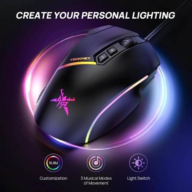 Alt view image 4 of 7 - TECKNET Wired Gaming Mouse 12800 DPI 8 Buttons 13 RGB Backlit Optical Mouse