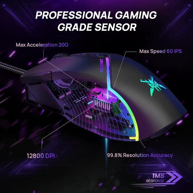 Alt view image 5 of 7 - TECKNET Wired Gaming Mouse 12800 DPI 8 Buttons 13 RGB Backlit Optical Mouse