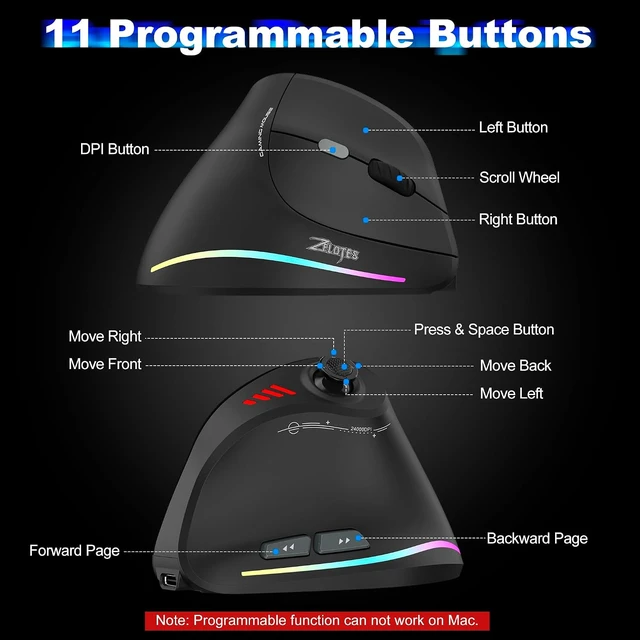Alt view image 7 of 7 - TRELC Wireless Gaming Mouse with 5D Rocker, 24000 DPI Vertical Mouse, Black